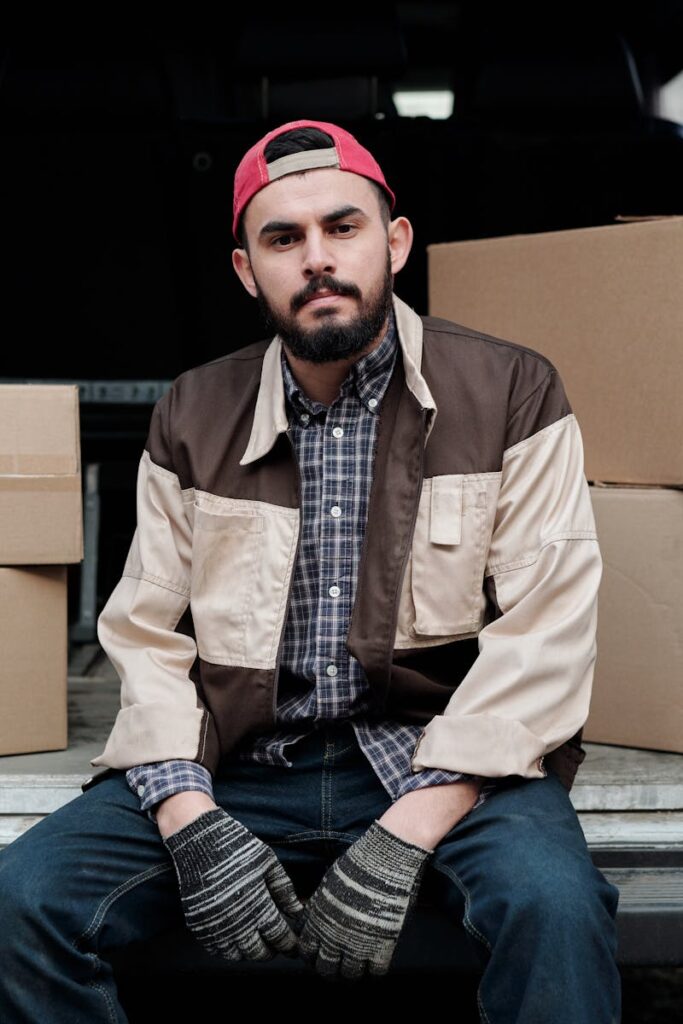 Courier with a beard and mustache sitting in a van with multiple parcels.