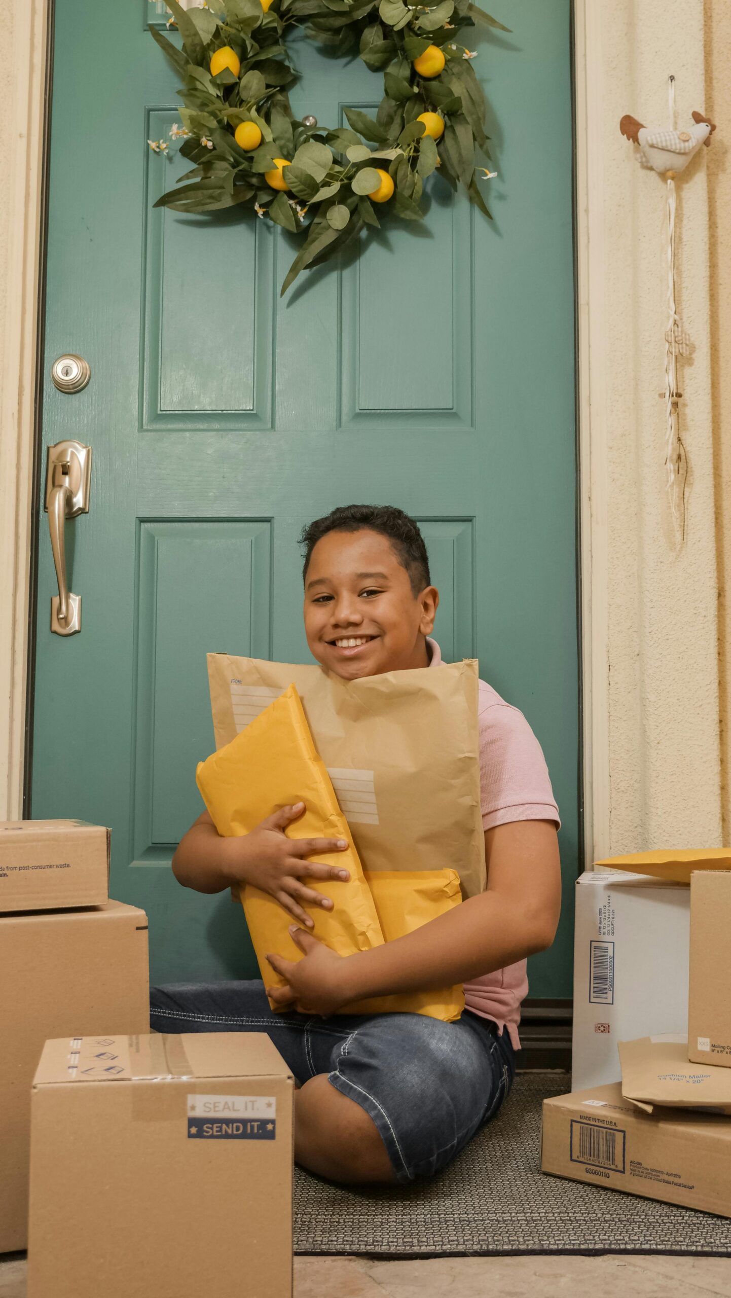 A young boy happily holds packages on a front porch surrounded by boxes.